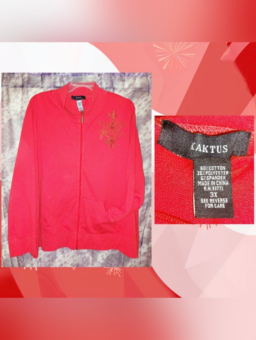 Kaktus brand Soft Red w/Tan Floral Embroidery Knit Full Zip Track Jacket Sz 3X